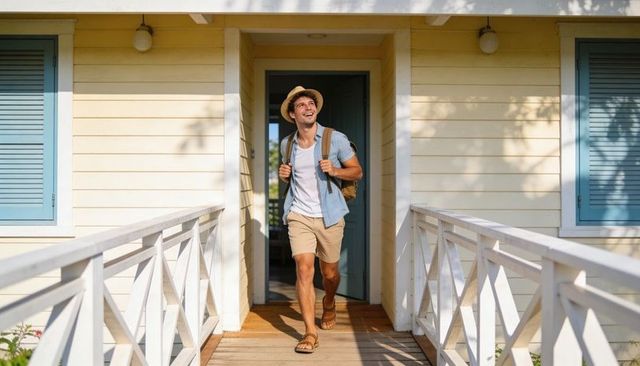 Smiling traveler stepping out of coastal cottage with backpack and straw hat
