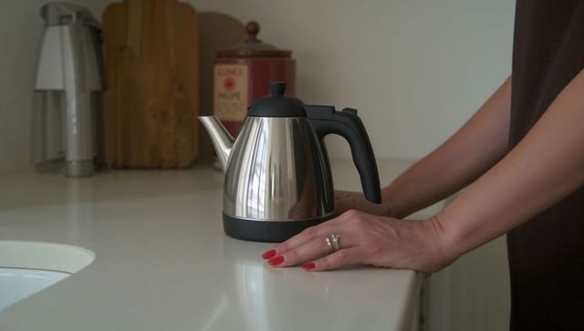Steadying stainless steel electric kettle on white countertop by sink with red manicure