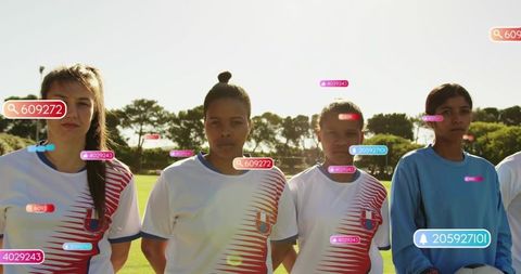 Women soccer players lining up with ar data overlays showing performance stats