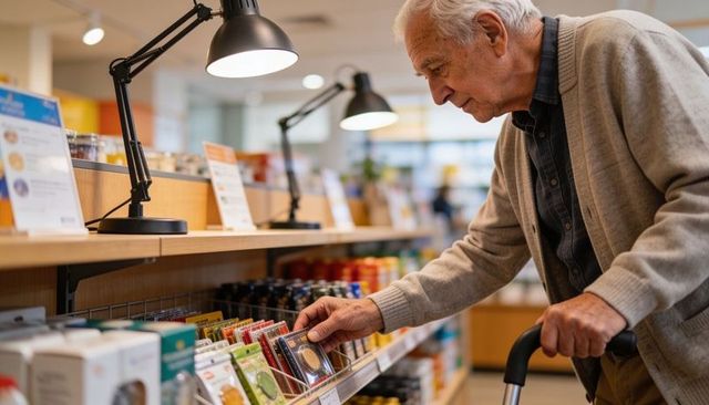 Senior male shopper leaning over store shelf selecting packaged goods while using walker