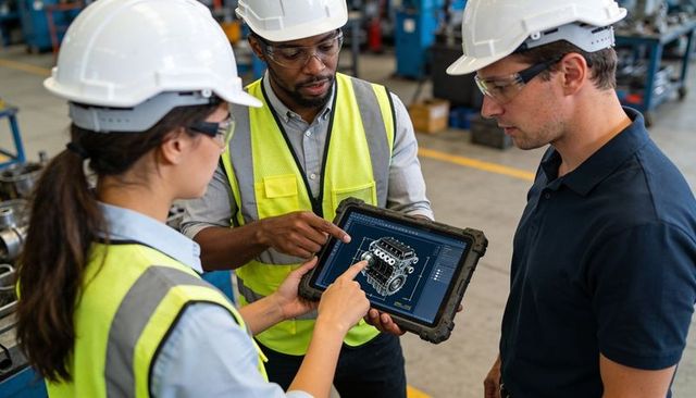 Engineers collaborating and studying 3d cad engine model on rugged tablet in factory floor