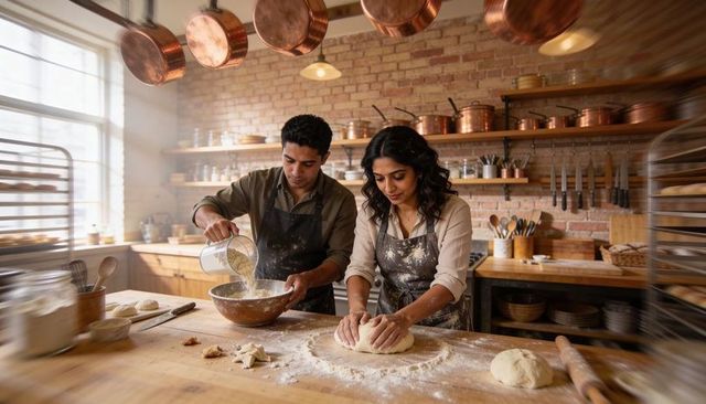 Two bakers kneading dough and pouring mixture in sunlit bakery kitchen, artisanal teamwork