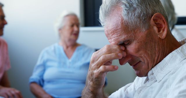 Elderly man appears distressed, holding his hand to forehead, while two seniors converse in background. Useful for themes on elderly care, emotional well-being, stress, and retirement homes.