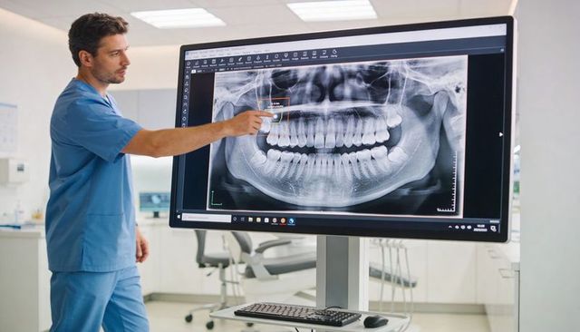 Dentist pointing at panoramic dental x-ray on large monitor in modern clinic