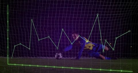 Goalkeeper saving shot with data graph overlay at night stadium