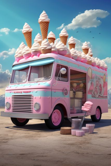 A classic pink ice cream truck adorned with numerous ice cream cones on its roof parked outdoors under a blue sky with fluffy clouds. It evokes a nostalgic, playful feeling, perfect for marketing campaigns aimed at summer, childhood memories, or festive food services. Suitable for use in advertisements, illustrations, or posters promoting events or ice cream products.