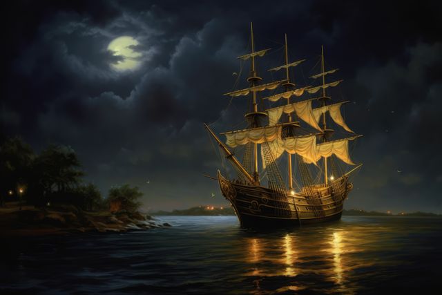 A majestic sailing ship cruises by night under a moonlit sky. Illuminated by the moon's glow, the vessel's journey evokes the romance of seafaring adventures of old.