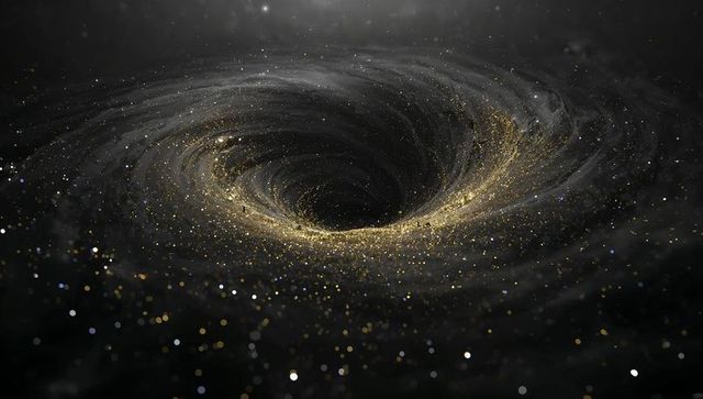 Swirling black hole vortex pulling golden dust and starlight with glowing accretion ring