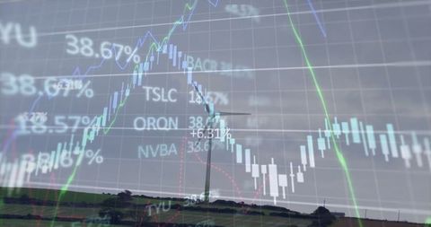 Wind Turbine with Stock Market Overlay Reflecting Sustainable Energy Insights