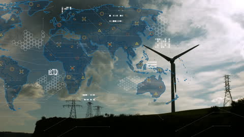 Global Renewable Energy Network with Wind Turbine and Icons