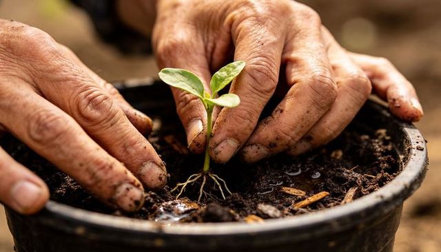 Aged hands nurturing young green seedling in pot for gardening and sustainability