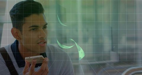 Speaking into smartphone using holographic grid and floating currency in modern cafe