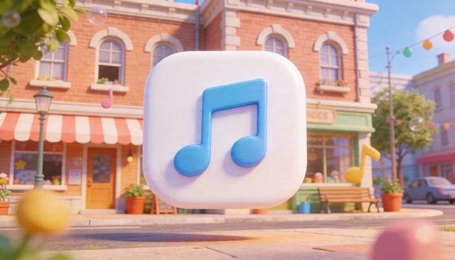 Floating music app icon hovering above pastel town street with stylized shops