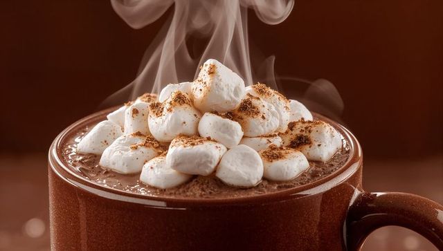 Steaming Hot Chocolate Topped with Mini Marshmallows and Cocoa Dusting in Brown Mug
