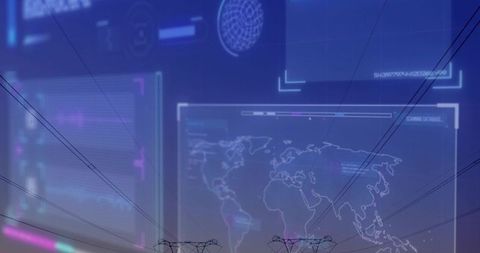 Futuristic energy network dashboard overlaying power pylons with world map hud