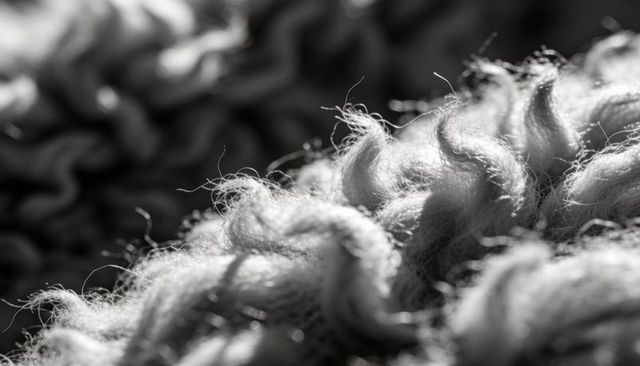 Curly bouclé wool texture closeup showing fibers and lint in dramatic monochrome lighting