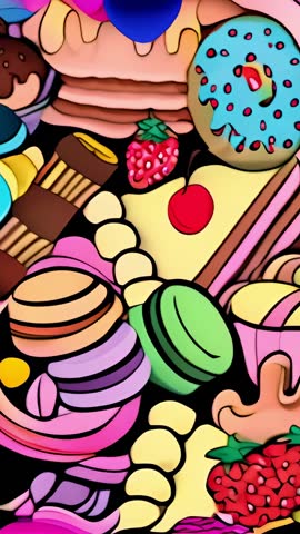 Vertical loop video showcasing pastel dessert collage on black background with dripping cake