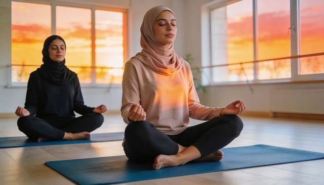 Muslim women practicing yoga and meditation on mats at sunset for mindfulness and wellness