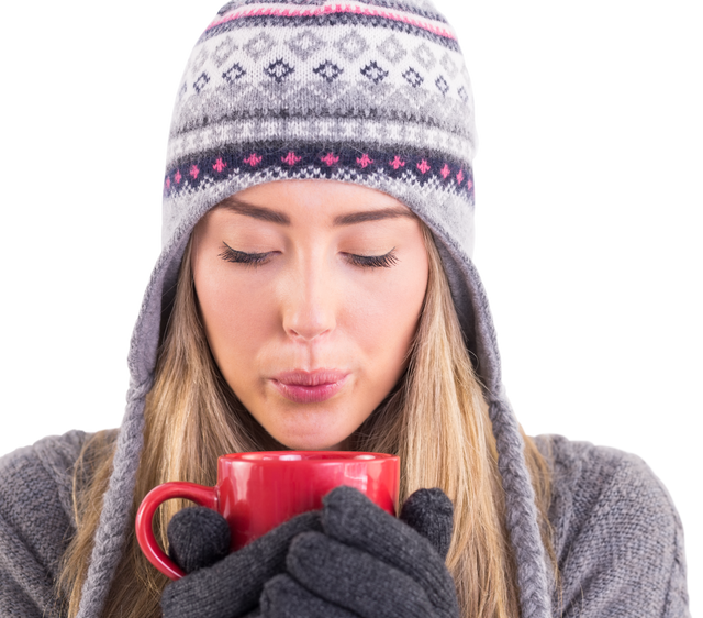 Transparent Woman in Winter Hat Holding Red Mug in Hands - Download Free Stock Videos Pikwizard.com