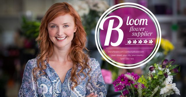 This image depicting a cheerful woman advertising a local flower shop can be used to market small businesses, particularly those specializing in floral arrangements and gardening services. It is suitable for promotional materials, website banners, social media marketing, and print advertisements to attract customers to local flower shops.