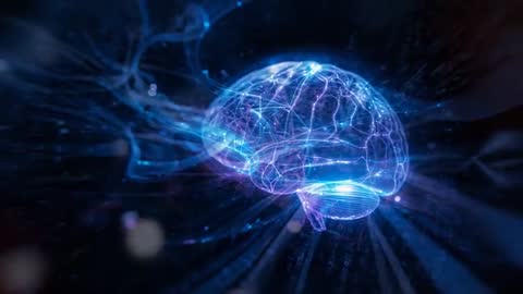 Futuristic Neon Brain in 3D Digital Matrix Network