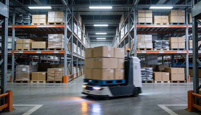 Autonomous agv carrying pallet stacked with cardboard boxes in led-lit warehouse aisle