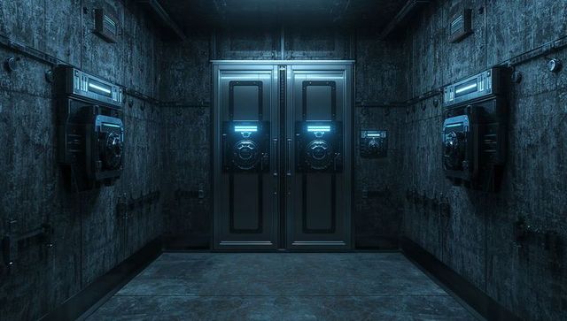 Futuristic vault door with blue glow and control panels