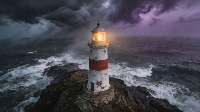 Weathered lighthouse guiding ships through violent storm, beacon on rocky coastline