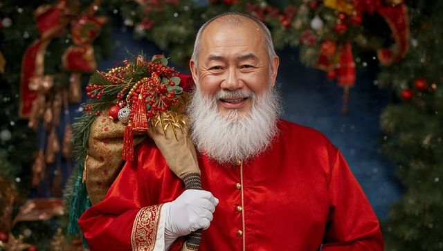 Festive Asian Santa Claus Holding Burlap Gift Sack Full of Gifts