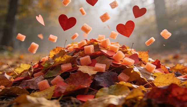 Misty autumn leaves with drifting red paper hearts and floating pink foam cubes