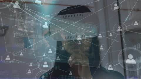 Woman using VR Headset Experiencing Augmented Reality Analytics