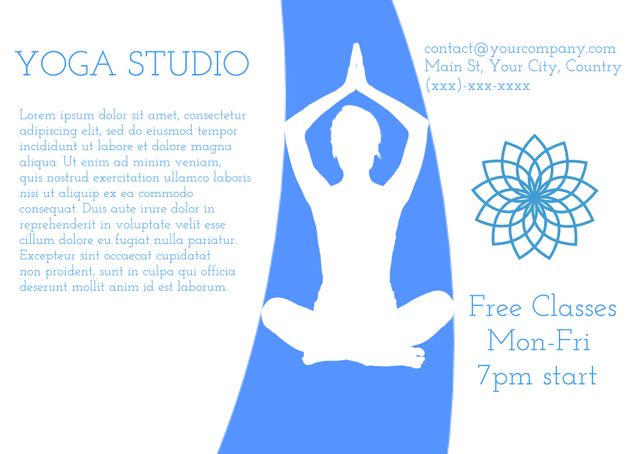 This design displays a tranquil yoga participant advertising free classes from Monday to Friday at 7pm. The setting features a minimalist blue and white color scheme, maintaining a calming atmosphere. Ideal for promoting yoga studios, wellness centers, fitness programs, and meditation sessions. Suitable for print or digital use in flyers, social media posts, newsletters, and wellness campaigns.