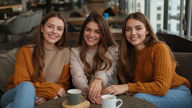 Three friends smiling over coffee in cozy cafe wearing knit sweaters urban lifestyle