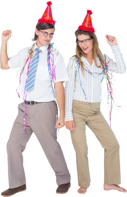 Geeky Couple Dancing in Funny Party Hats on Transparent Background - Download Free Stock Videos Pikwizard.com