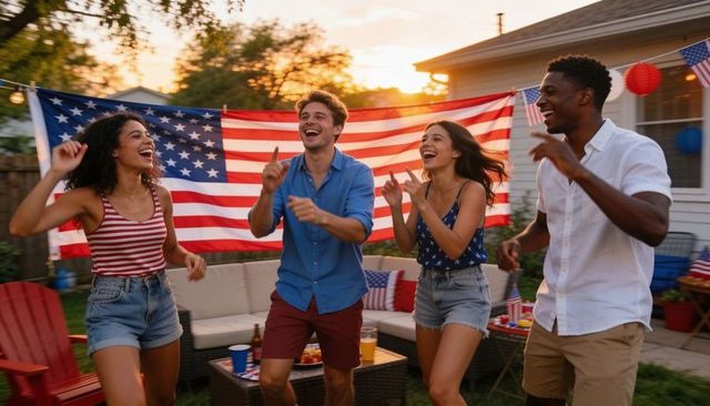 Young friends dancing in backyard with large american flag at sunset for fourth of july