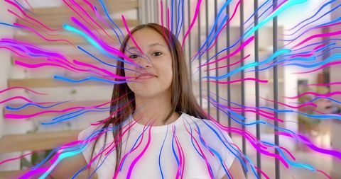 Teenage girl radiating neon energy with wavy color overlays in modern minimalist interior