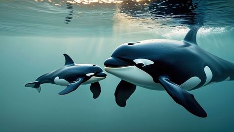 Adult and juvenile orca killer whales gliding in sunlit ocean waters