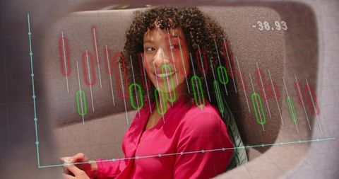 Professional Woman Analyzing Financial Data with Candlestick Chart Projection