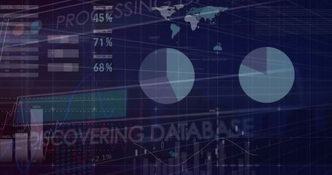 Displaying dark blue analytics dashboard with two pie charts, world map and metrics
