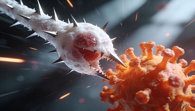 Spiky immune cell lunging and attacking coronavirus with highspeed collision sparks impact