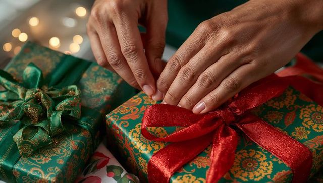 Hands tying red ribbon on green gold gift box close-up with warm bokeh holiday wrapping