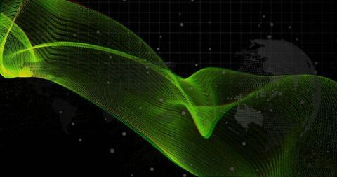 Dynamic Neon Green Wave on Grid Background with Dot Accents