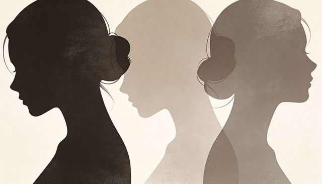 Three overlapping female silhouettes evoking identity and memory monochrome minimalist