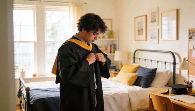 Adjusting graduation gown: young man fastening yellow sash in sunlit bedroom