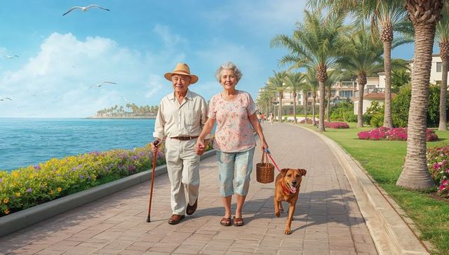 Senior Couple Walking Oceanfront Promenade Holding Hands with Dog and Cane on Sunny Resort Walkway