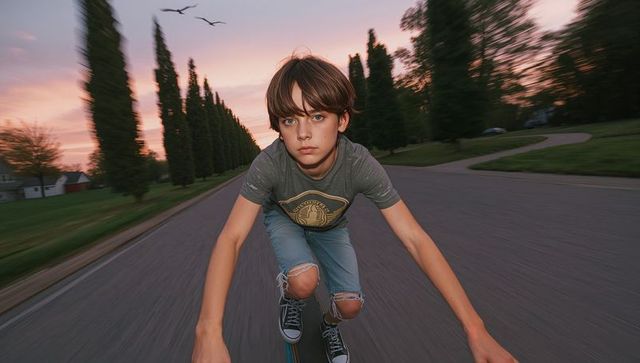 Teen skateboarding adventure in suburban sunset