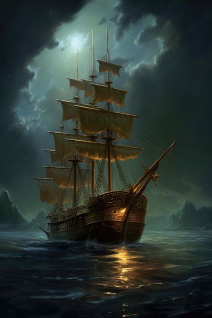 A majestic sailing ship braves the turbulent sea at night. Illuminated by the moon's glow, it navigates through dark waters, evoking tales of ancient maritime adventures.