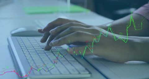 Hands Typing on White Keyboard with Data Analytics Overlay