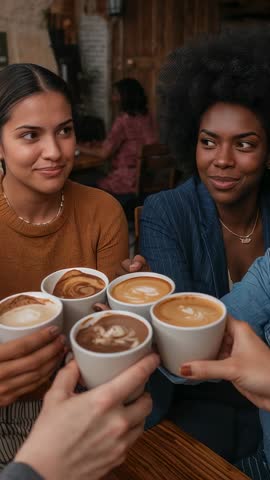 Friends clinking latte mugs in cafe, laughing and toasting with latte art - vertical clip