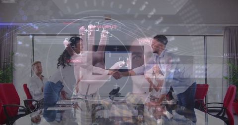 Business Professionals Handshake with Holographic Technology Interface